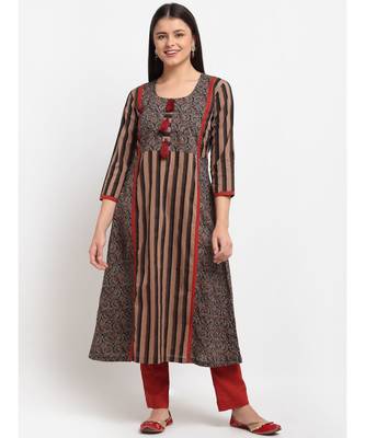 Dusky Brown Maroon Cotton Flared Kurti with Pants 1