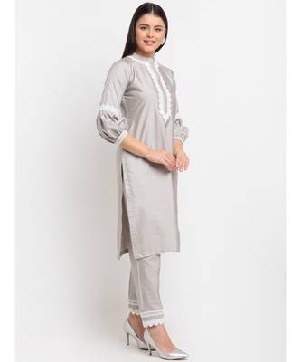 Serene Grey Crotia Kurti With Straight Pants 1