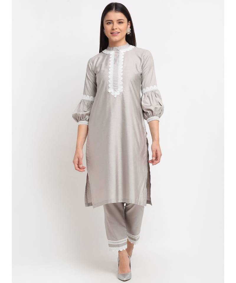Serene Grey Crotia Kurti With Straight Pants