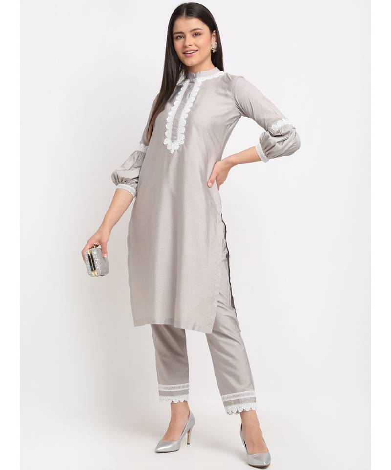Serene Grey Crotia Kurti With Straight Pants