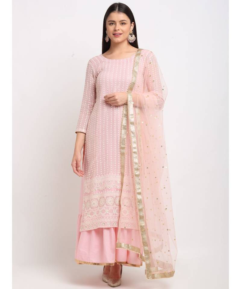 Pure Pink Sequin Embroidered Layered Frilled Floorlength with Sequin Dupatta