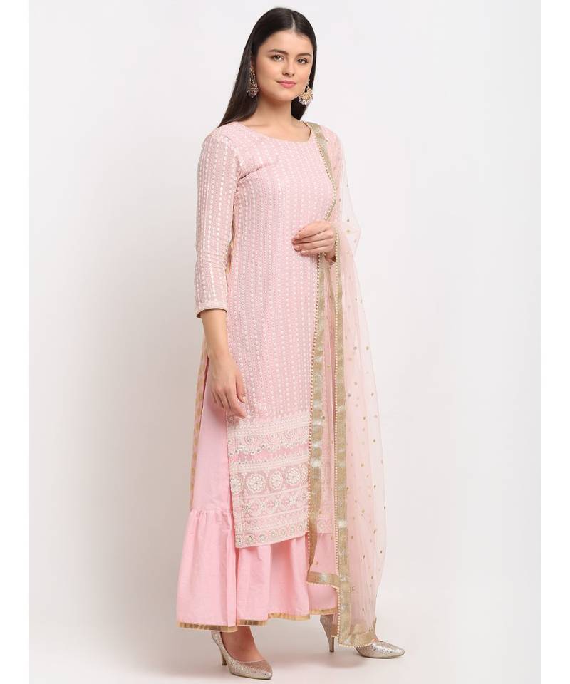 Pure Pink Sequin Embroidered Layered Frilled Floorlength with Sequin Dupatta