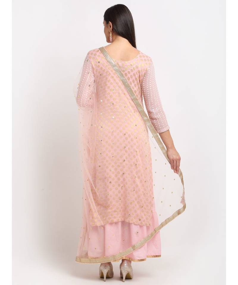 Pure Pink Sequin Embroidered Layered Frilled Floorlength with Sequin Dupatta