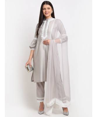 Serene Grey Crotia Kurti With Straight Pants and Chiffon Dupatta 1