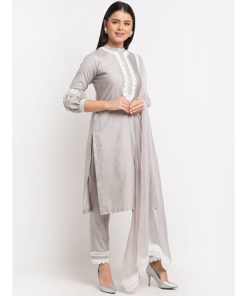 Serene Grey Crotia Kurti With Straight Pants and Chiffon Dupatta