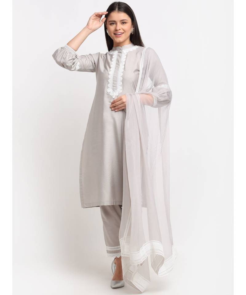 Serene Grey Crotia Kurti With Straight Pants and Chiffon Dupatta