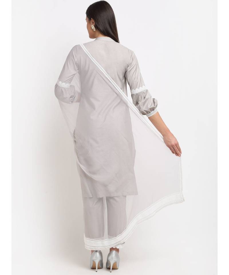 Serene Grey Crotia Kurti With Straight Pants and Chiffon Dupatta