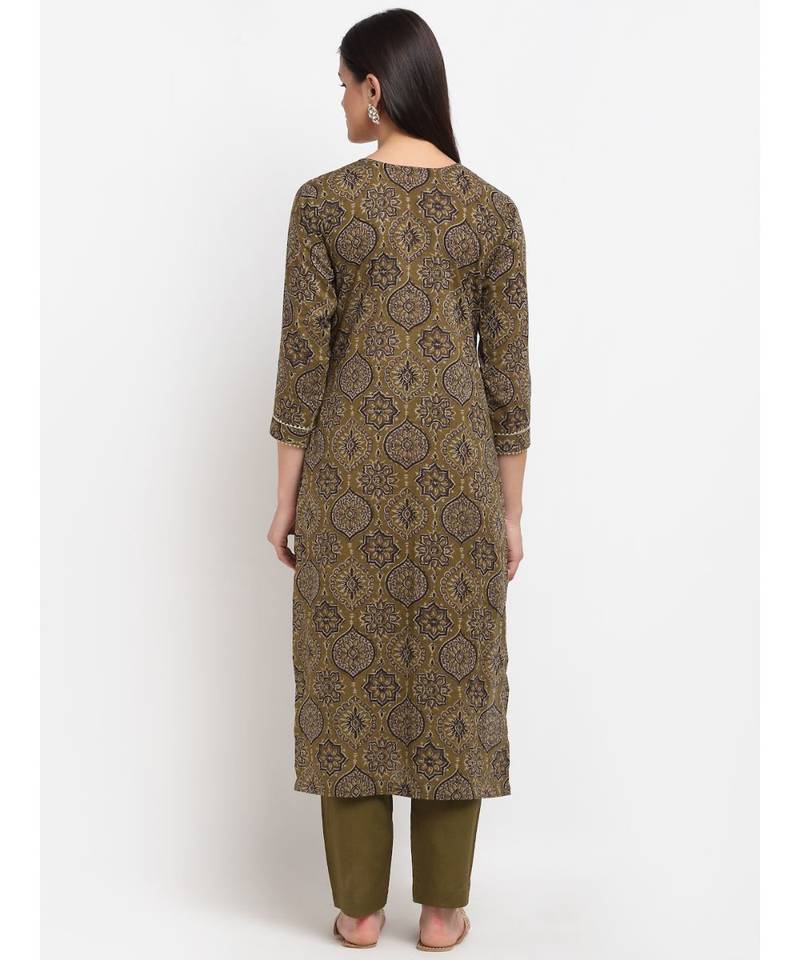 Mehndi Mughal Printed Gota Kurti with Straight Pants