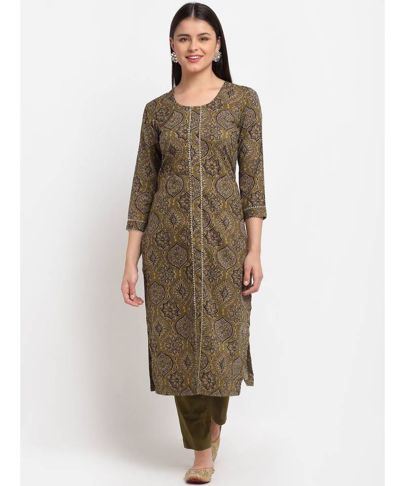 Mehndi Mughal Printed Gota Kurti with Straight Pants