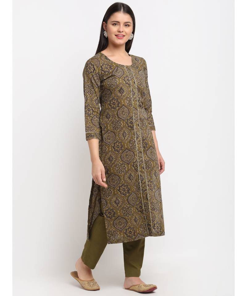 Mehndi Mughal Printed Gota Kurti with Straight Pants