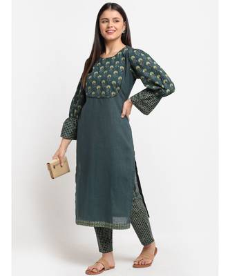 Black Green Natural Balloon Sleeve Straight Kurti with Straight Pants 1