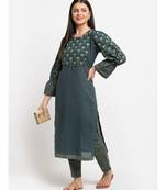 Black Green Natural Balloon Sleeve Straight Kurti with Straight Pants