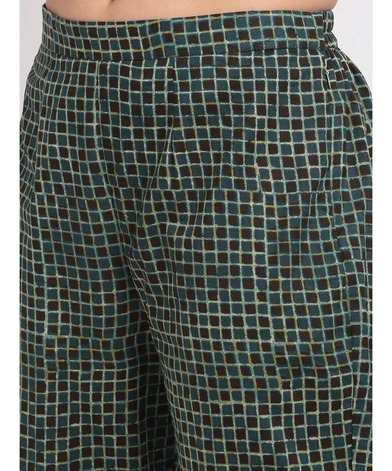 Black Green Natural Balloon Sleeve Straight Kurti with Straight Pants