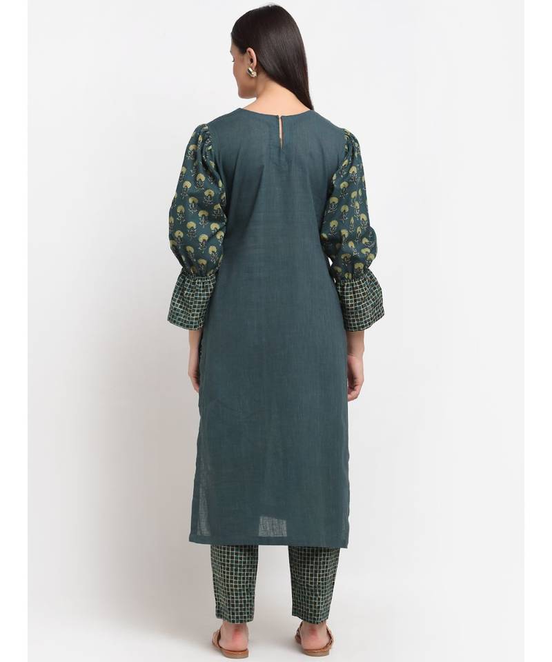 Black Green Natural Balloon Sleeve Straight Kurti with Straight Pants