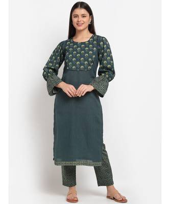 Black Green Natural Balloon Sleeve Straight Kurti with Straight Pants 4