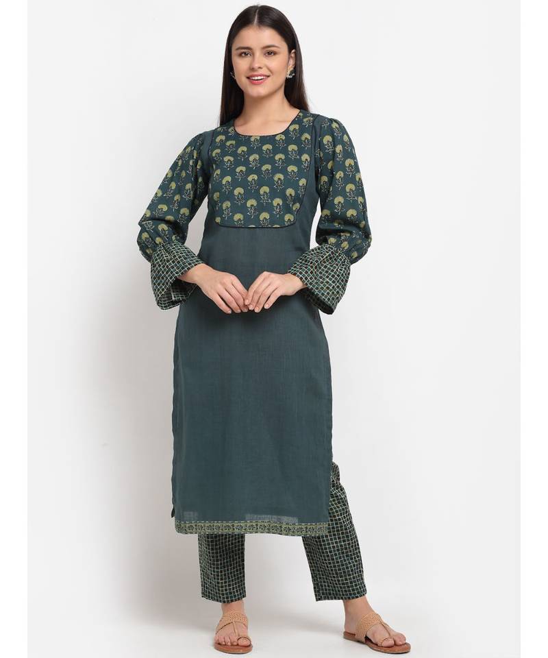 Black Green Natural Balloon Sleeve Straight Kurti with Straight Pants