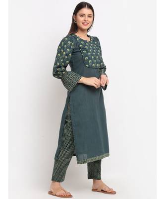 Black Green Natural Balloon Sleeve Straight Kurti with Straight Pants 5