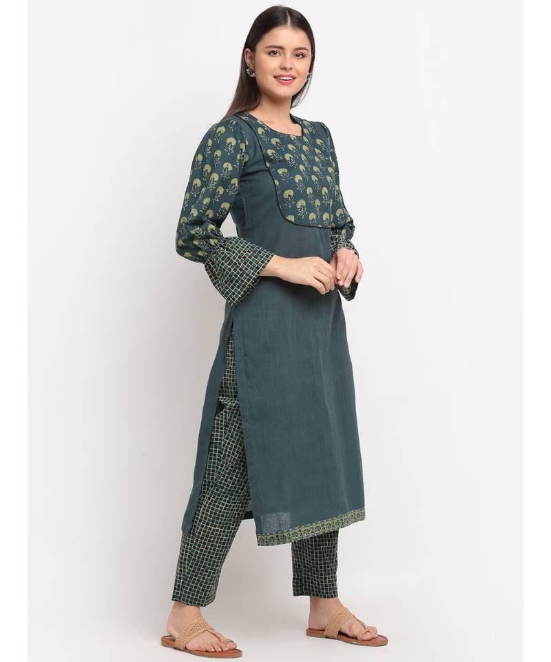 Black Green Natural Balloon Sleeve Straight Kurti with Straight Pants