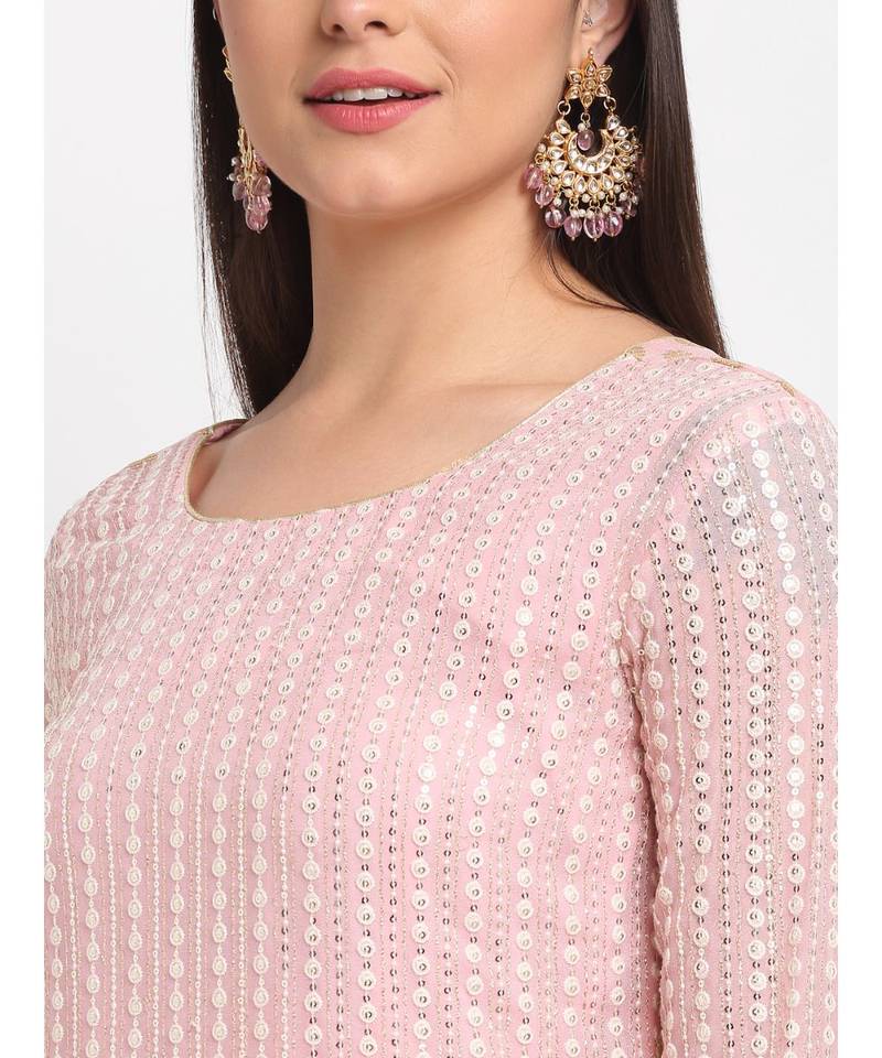 Pure Pink Sequin Embroidered Layered Frilled Floorlength