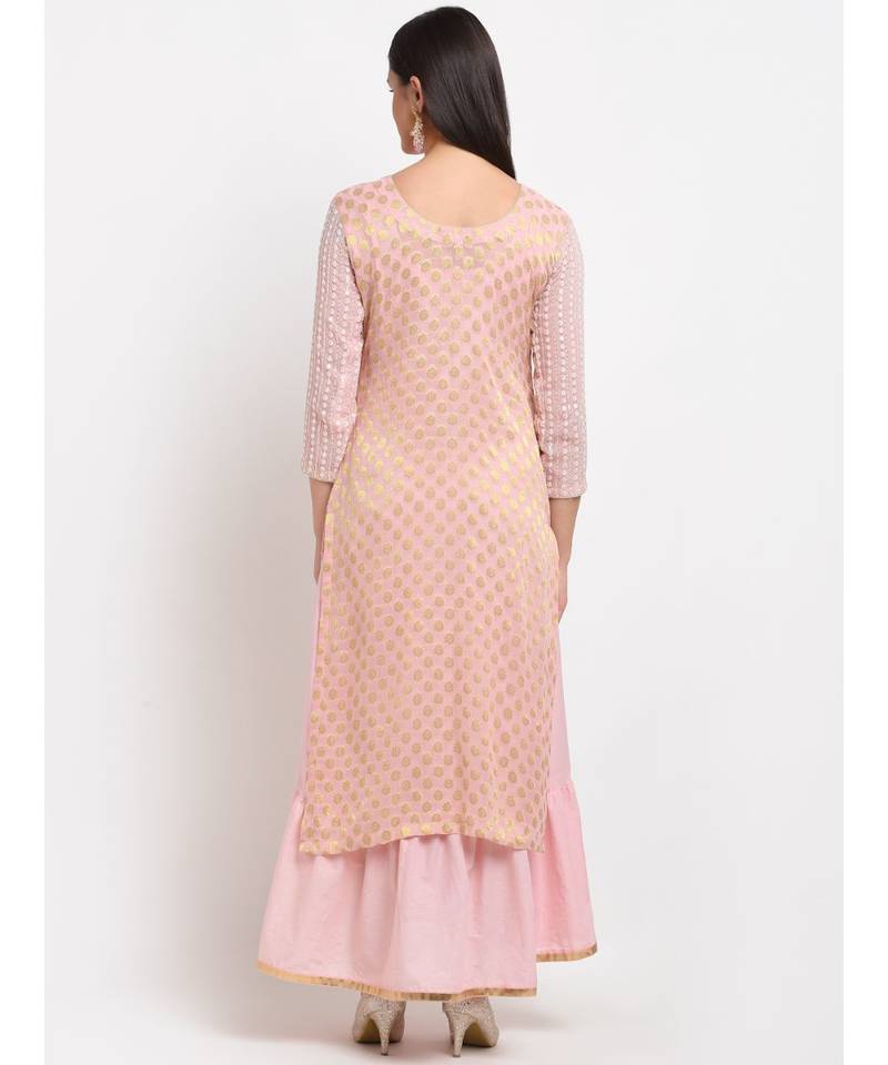 Pure Pink Sequin Embroidered Layered Frilled Floorlength