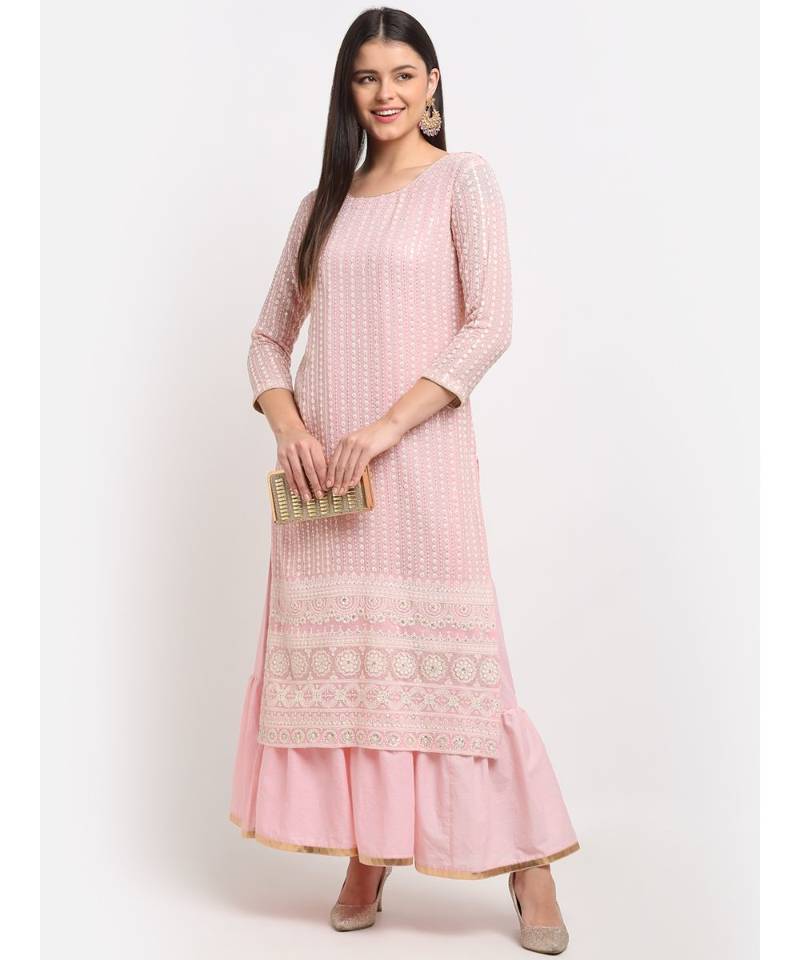 Pure Pink Sequin Embroidered Layered Frilled Floorlength