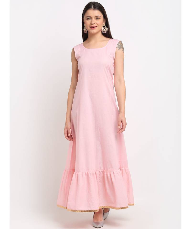 Pure Pink Sequin Embroidered Layered Frilled Floorlength