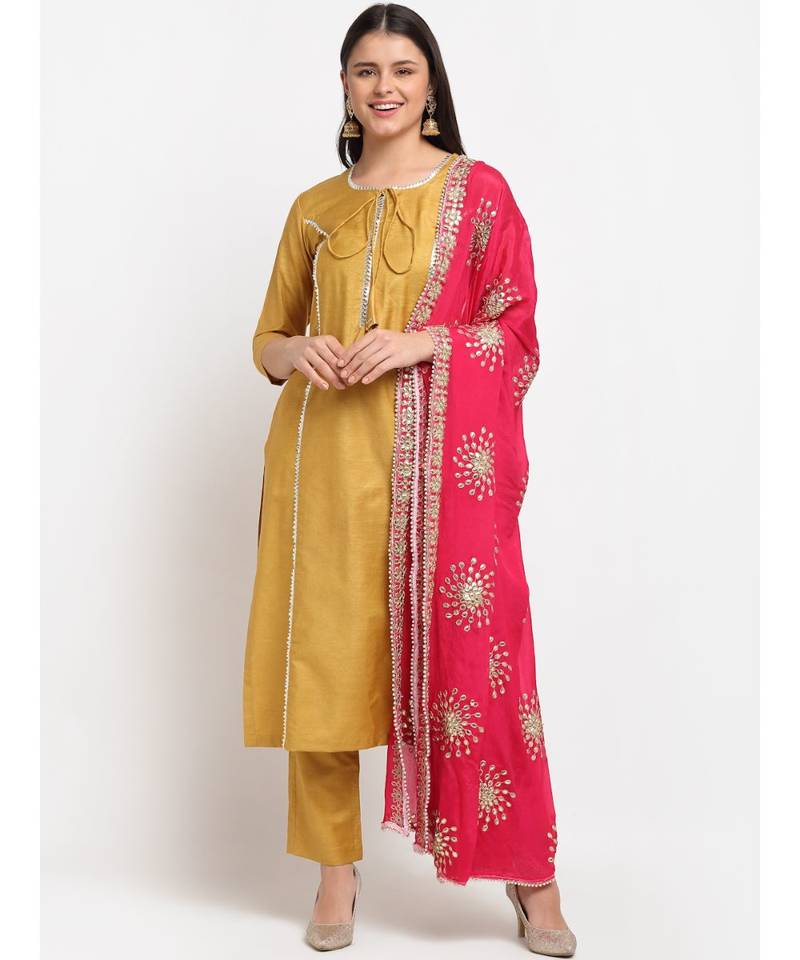 Mustard Gota Straight Kurti with Pants and Gota Dupatta
