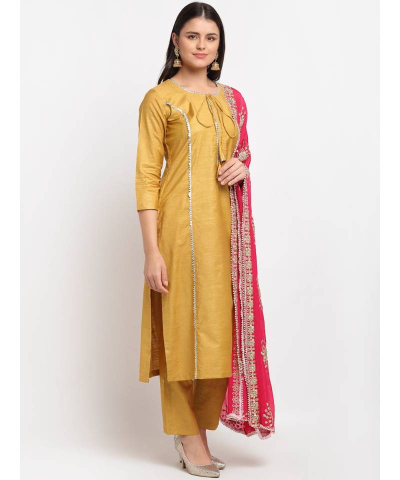 Mustard Gota Straight Kurti with Pants and Gota Dupatta