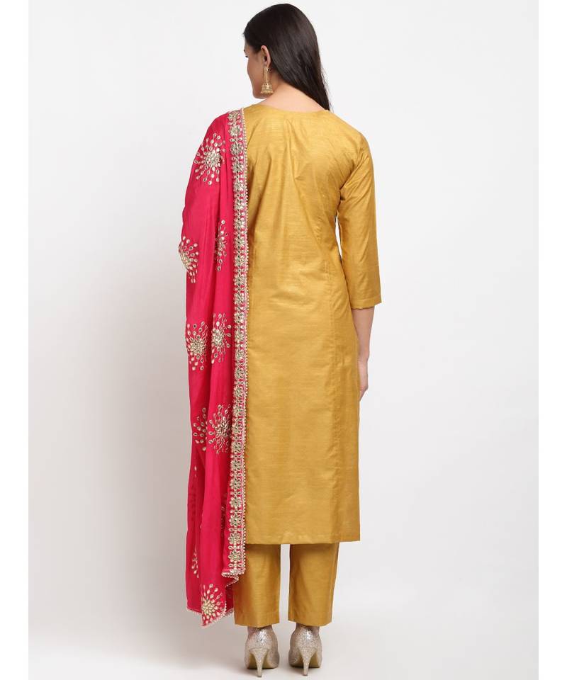 Mustard Gota Straight Kurti with Pants and Gota Dupatta