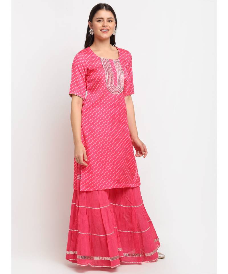 Pink Passion Bandhani Short Kurti with Sharara