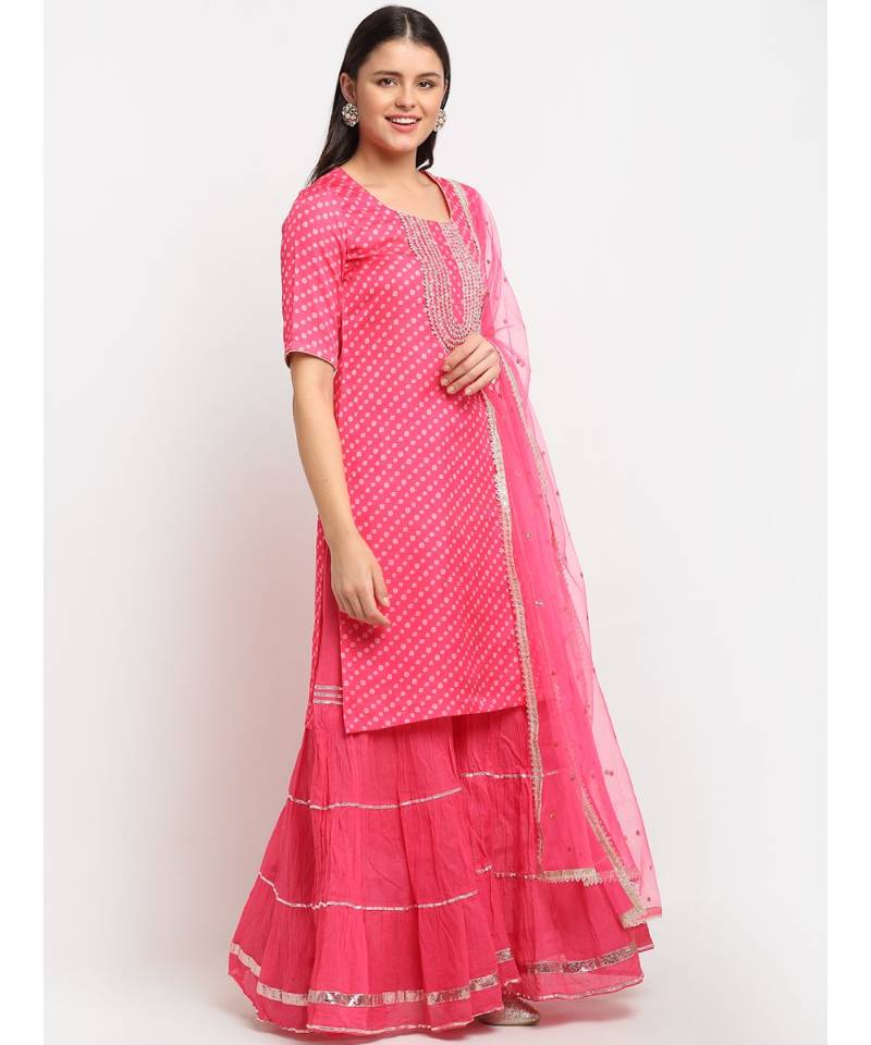 Pink Passion Bandhani Short Kurti with Sharara and Sequin Dupatta