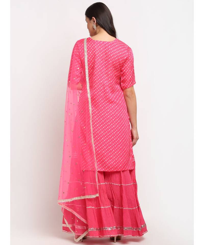 Pink Passion Bandhani Short Kurti with Sharara and Sequin Dupatta