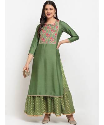 Ornate Olive Banarsi Embroidered Yoke Layered Floorlength 1