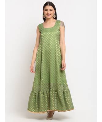 Ornate Olive Banarsi Embroidered Yoke Layered Floorlength 2