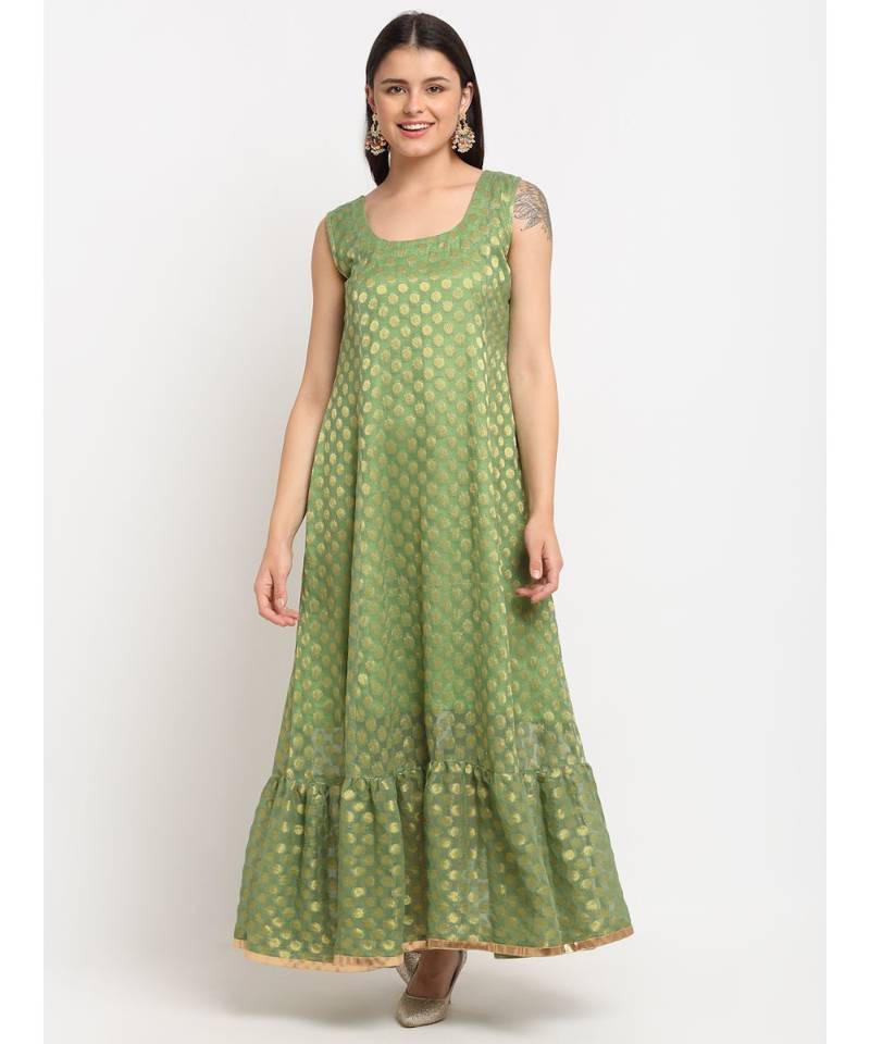 Ornate Olive Banarsi Embroidered Yoke Layered Floorlength