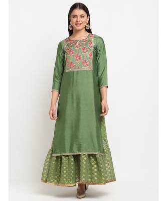 Ornate Olive Banarsi Embroidered Yoke Layered Floorlength 3