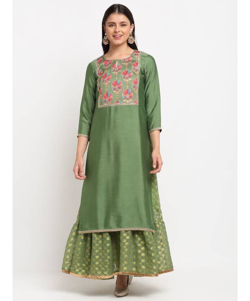 Ornate Olive Banarsi Embroidered Yoke Layered Floorlength