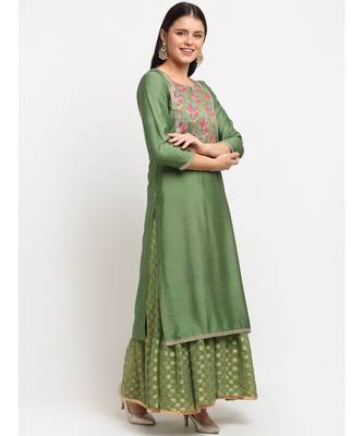 Ornate Olive Banarsi Embroidered Yoke Layered Floorlength 5