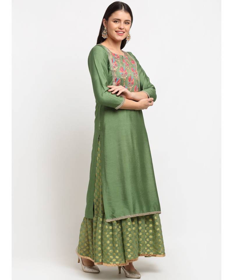 Ornate Olive Banarsi Embroidered Yoke Layered Floorlength