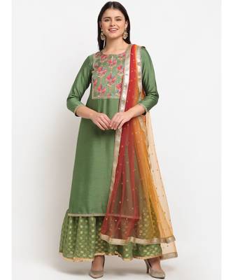 Ornate Olive Banarsi Embroidered Yoke Layered Floorlength with Shade Sequin Dupatta 1