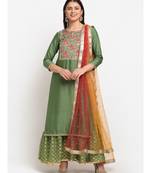 Ornate Olive Banarsi Embroidered Yoke Layered Floorlength with Shade Sequin Dupatta