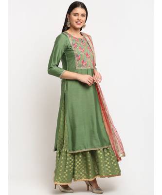 Ornate Olive Banarsi Embroidered Yoke Layered Floorlength with Shade Sequin Dupatta 2