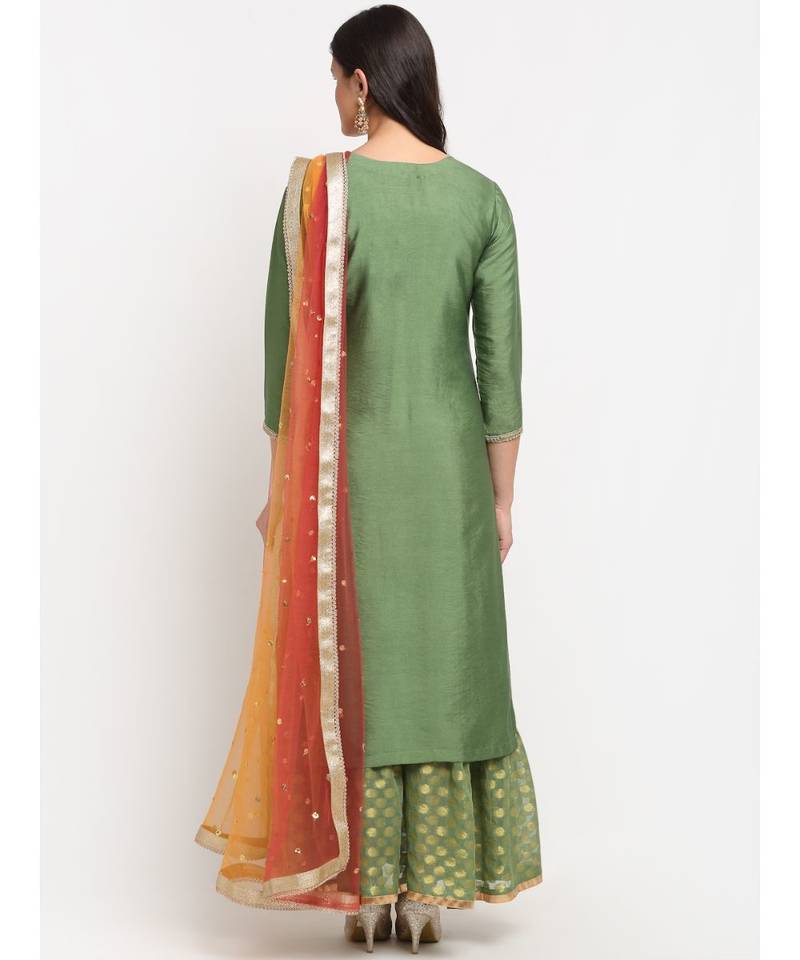 Ornate Olive Banarsi Embroidered Yoke Layered Floorlength with Shade Sequin Dupatta