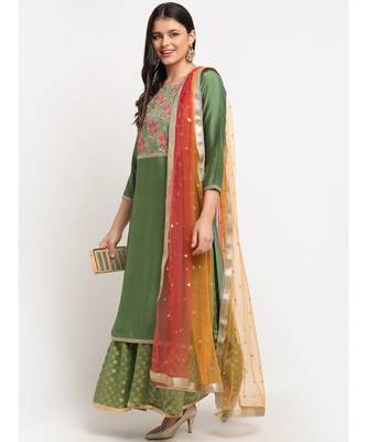 Ornate Olive Banarsi Embroidered Yoke Layered Floorlength with Shade Sequin Dupatta 5