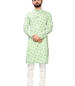 Green printed cotton kurta-pajama