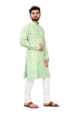 Green printed cotton kurta-pajama 4