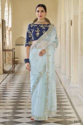 Blue embroidered organza saree with blouse 1