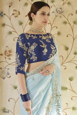Blue embroidered organza saree with blouse 2