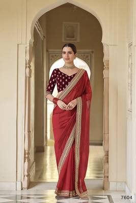 Red embroidered organza saree with blouse 1