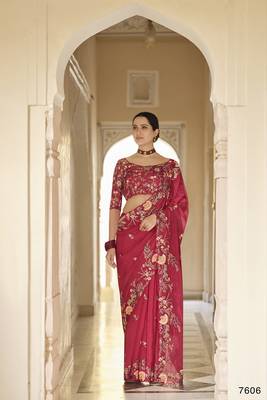 Red embroidered organza saree with blouse 1